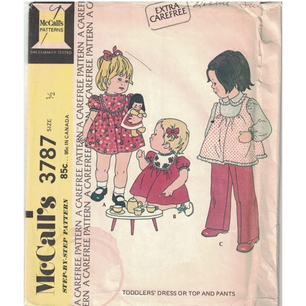 Vintage McCalls 3787 Sewing Pattern Toddler Girls Dress Top Pants 1970s Size 1/2